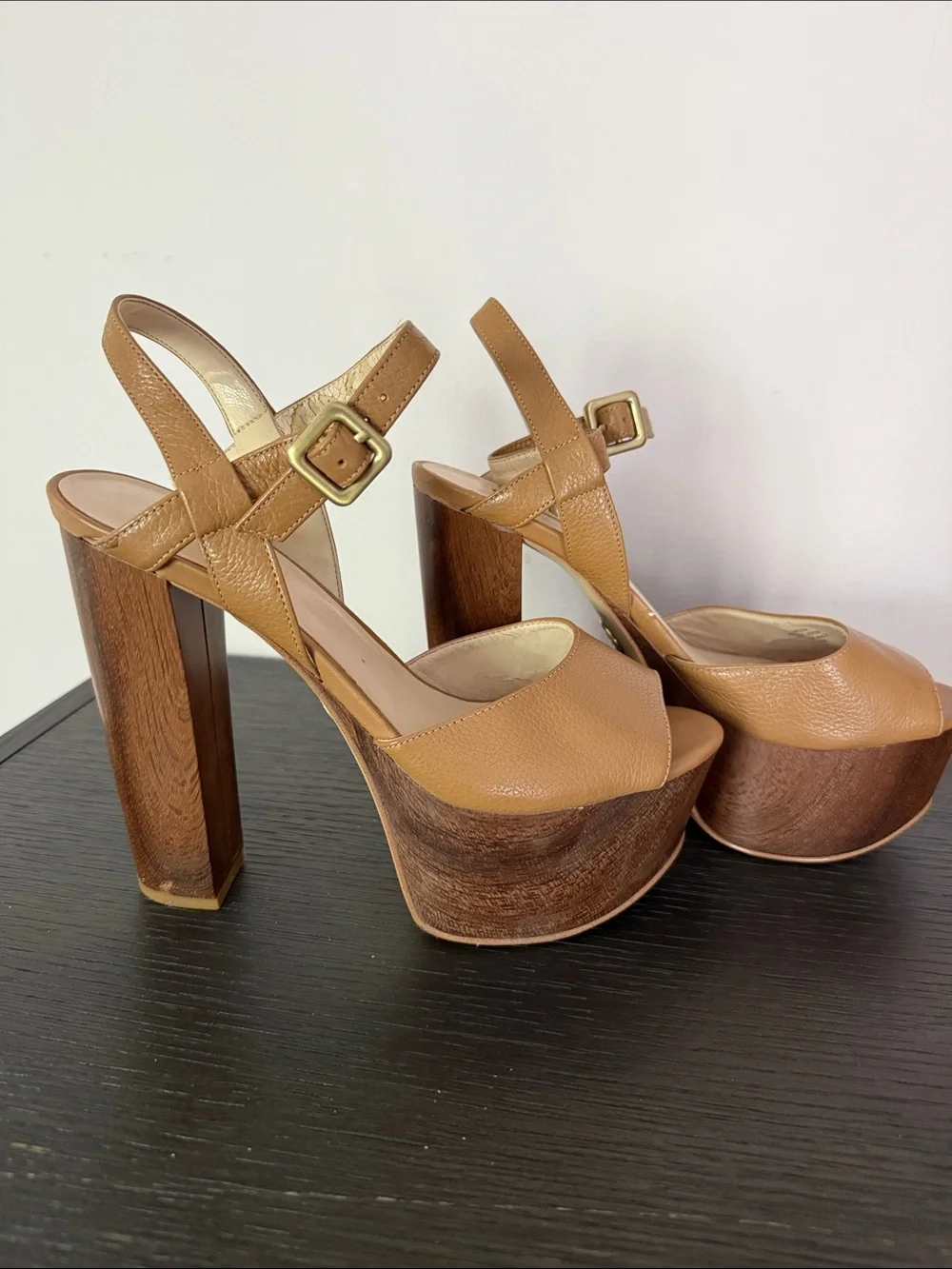 Guess Tan Platform Sandals with Wooden Block Heel